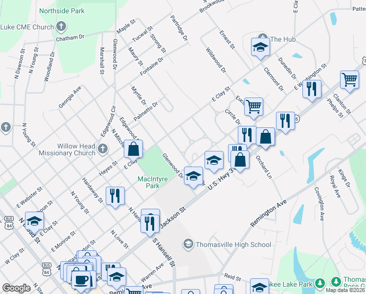 map of restaurants, bars, coffee shops, grocery stores, and more near 101 Montrose Drive in Thomasville
