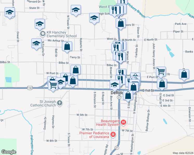 map of restaurants, bars, coffee shops, grocery stores, and more near 309 North Royal Street in DeRidder