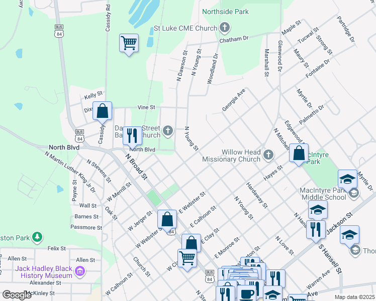 map of restaurants, bars, coffee shops, grocery stores, and more near 920 North Dawson Street in Thomasville