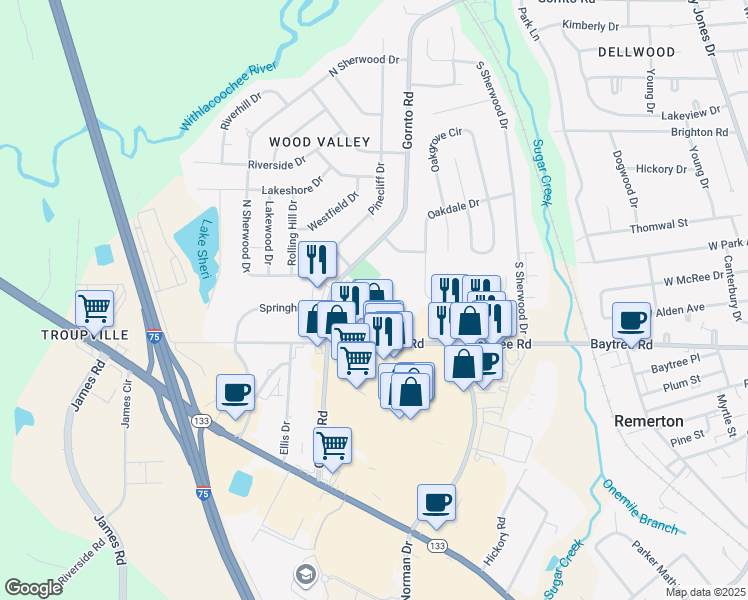 map of restaurants, bars, coffee shops, grocery stores, and more near 1680 Baytree Road in Valdosta