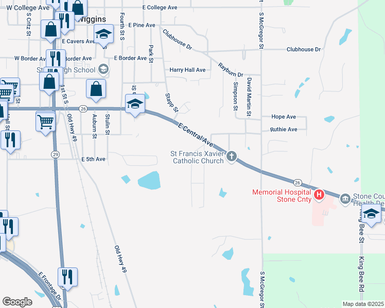 map of restaurants, bars, coffee shops, grocery stores, and more near Finkbine Street in Wiggins