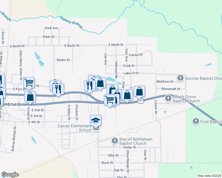 map of restaurants, bars, coffee shops, grocery stores, and more near 154 Country Club Circle in DeRidder