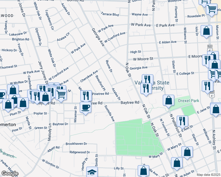map of restaurants, bars, coffee shops, grocery stores, and more near 408 West College Street in Valdosta