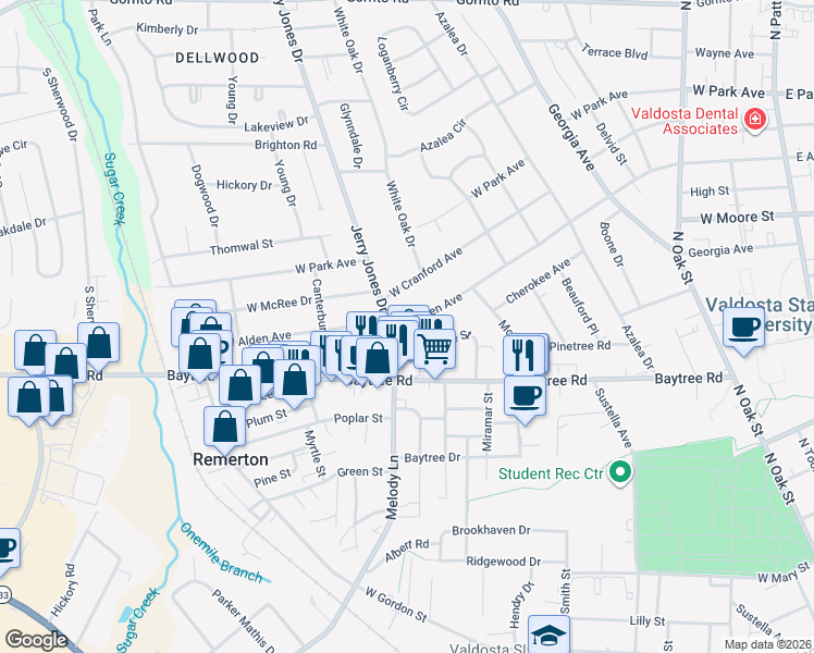 map of restaurants, bars, coffee shops, grocery stores, and more near 2001 Jerry Jones Drive in Valdosta