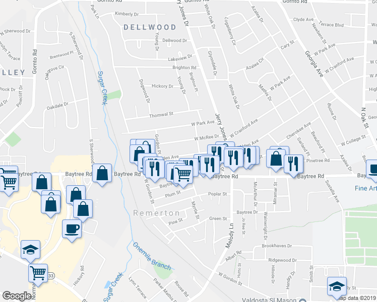 map of restaurants, bars, coffee shops, grocery stores, and more near 1204 West Alden Avenue in Valdosta