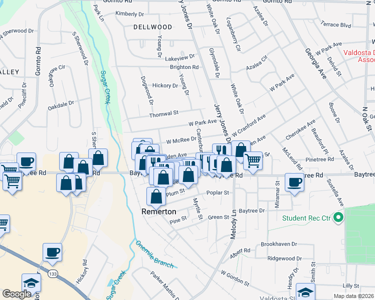 map of restaurants, bars, coffee shops, grocery stores, and more near 1209 McRee Drive in Valdosta