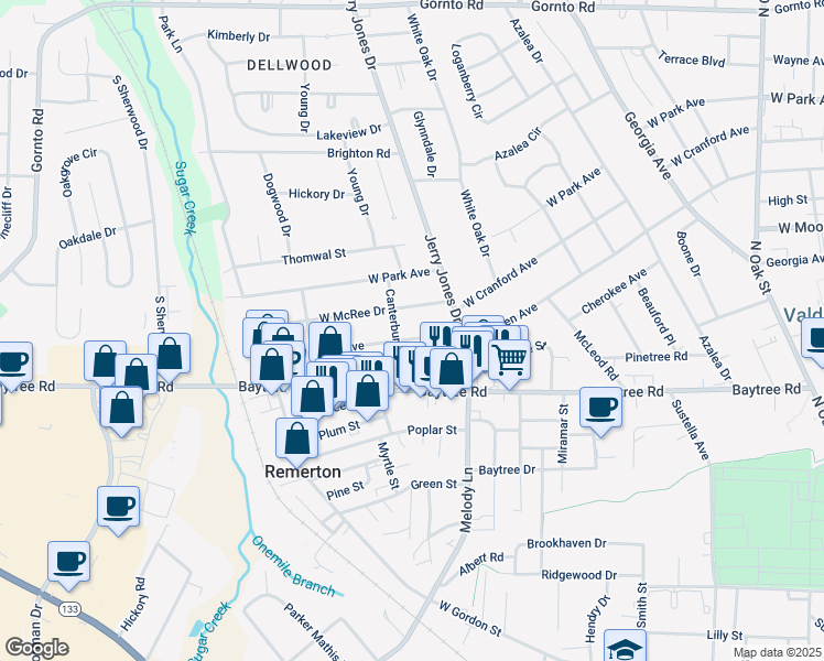 map of restaurants, bars, coffee shops, grocery stores, and more near 1110 West Alden Avenue in Valdosta