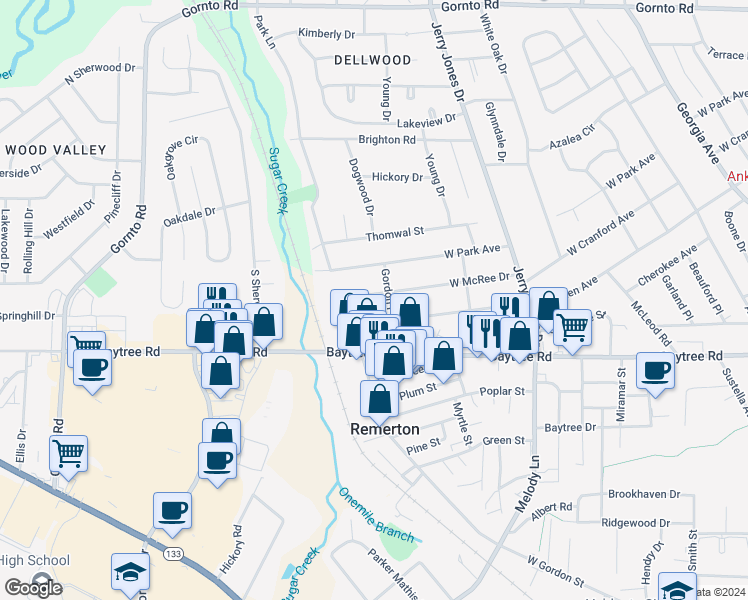 map of restaurants, bars, coffee shops, grocery stores, and more near 1303 McRee Drive in Valdosta