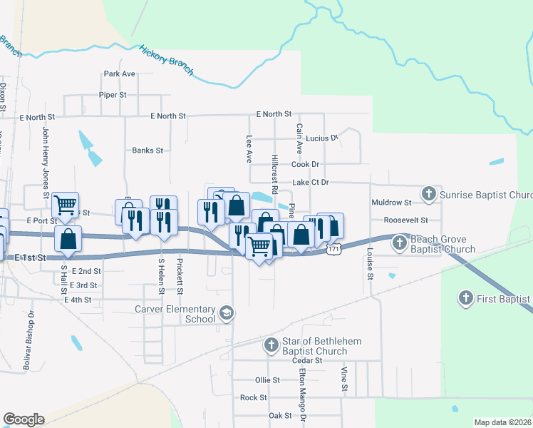 map of restaurants, bars, coffee shops, grocery stores, and more near 154 Country Club Circle in DeRidder
