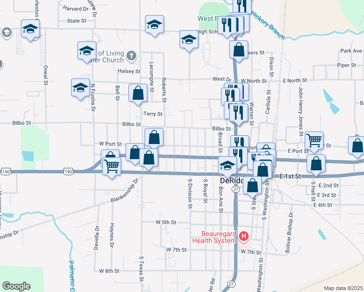 map of restaurants, bars, coffee shops, grocery stores, and more near West Port Street in DeRidder