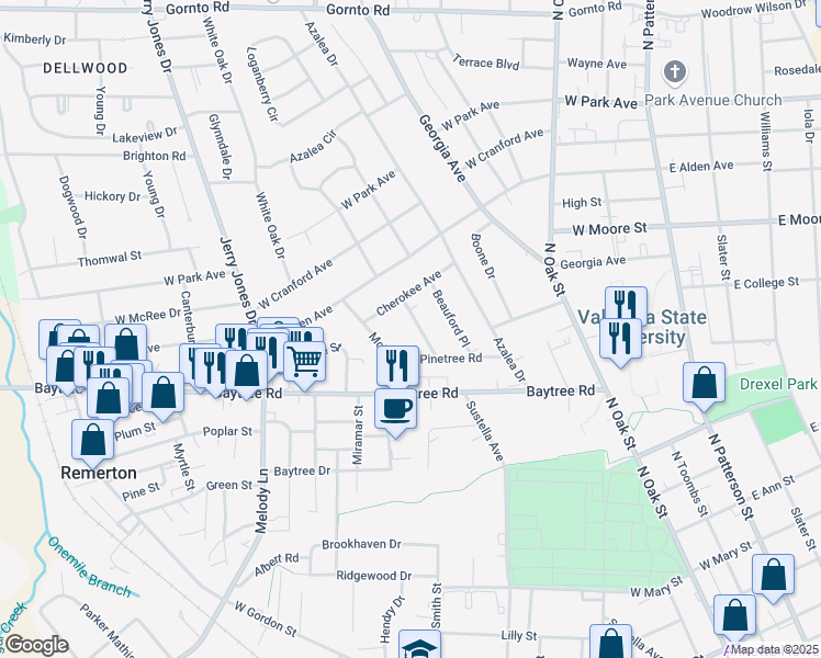 map of restaurants, bars, coffee shops, grocery stores, and more near 1610 Garland Place in Valdosta