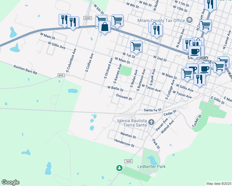 map of restaurants, bars, coffee shops, grocery stores, and more near 507 South Ross Avenue in Cameron