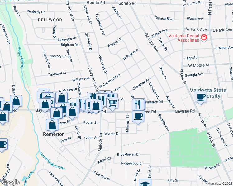 map of restaurants, bars, coffee shops, grocery stores, and more near 1021 West Alden Avenue in Valdosta