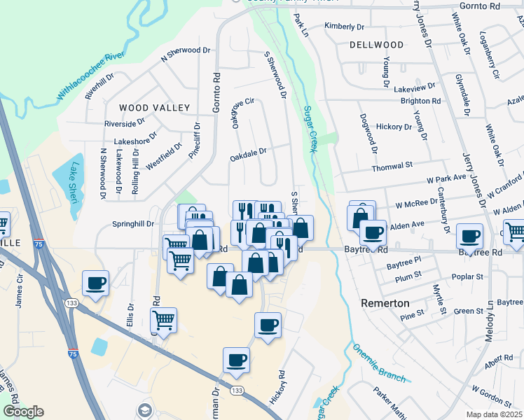 map of restaurants, bars, coffee shops, grocery stores, and more near 65 Rolling Hill Court in Valdosta