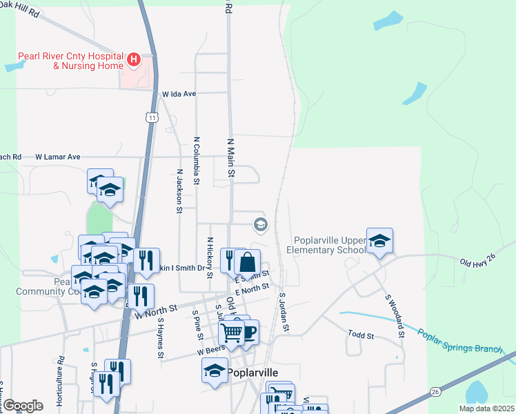 map of restaurants, bars, coffee shops, grocery stores, and more near 100-128 Maria Street in Poplarville