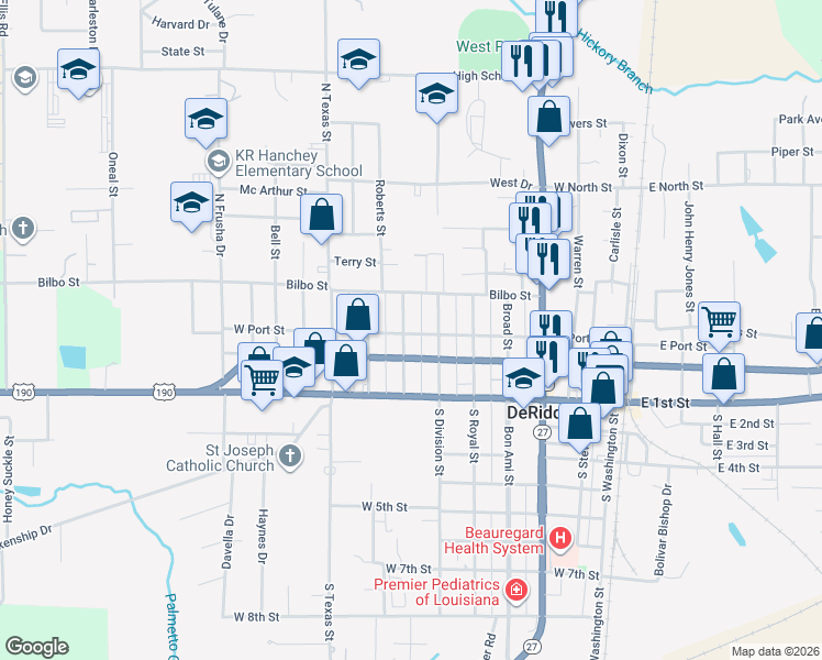 map of restaurants, bars, coffee shops, grocery stores, and more near 301 Wilson Street in DeRidder