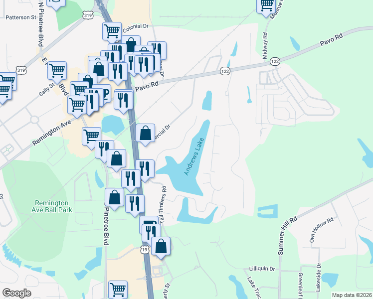 map of restaurants, bars, coffee shops, grocery stores, and more near 306 Timber Ridge Drive in Thomasville