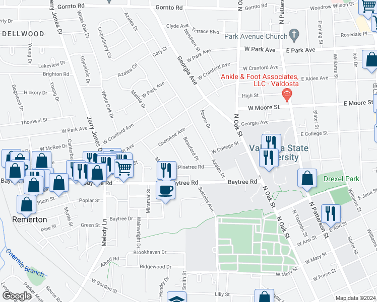 map of restaurants, bars, coffee shops, grocery stores, and more near 1612 Beauford Place in Valdosta