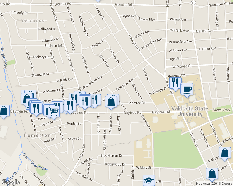 map of restaurants, bars, coffee shops, grocery stores, and more near 809 Cherokee Avenue in Valdosta