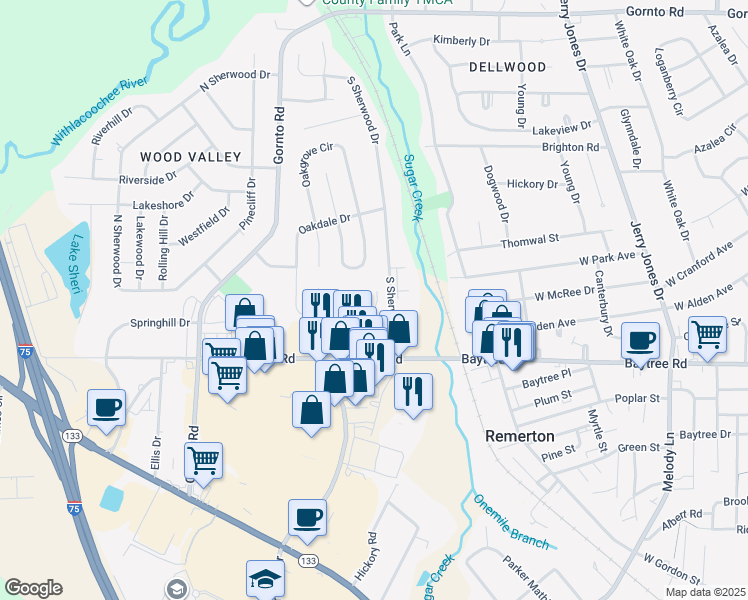 map of restaurants, bars, coffee shops, grocery stores, and more near 23 Rolling Hill Court in Valdosta