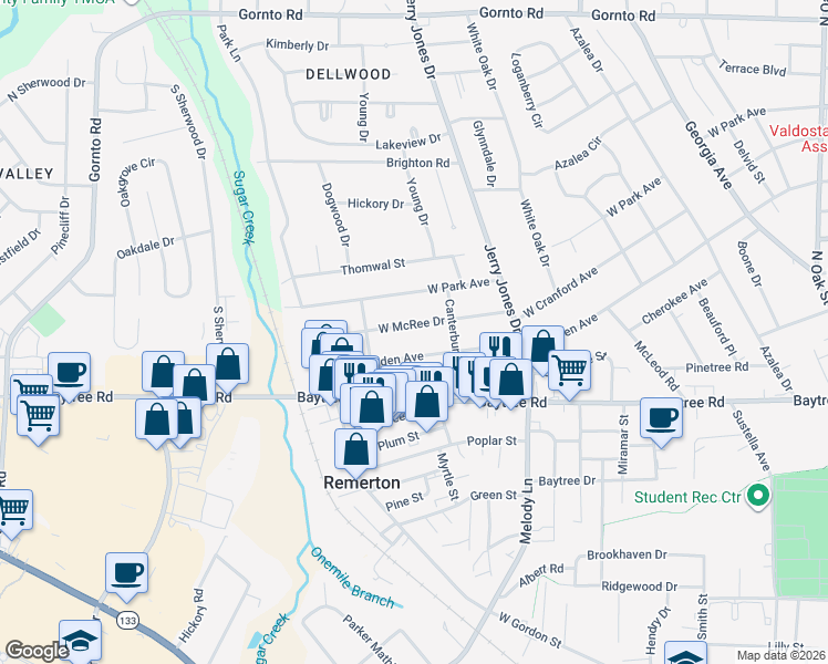 map of restaurants, bars, coffee shops, grocery stores, and more near 1209 McRee Drive in Valdosta