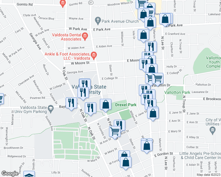 map of restaurants, bars, coffee shops, grocery stores, and more near 1502 Slater Street in Valdosta