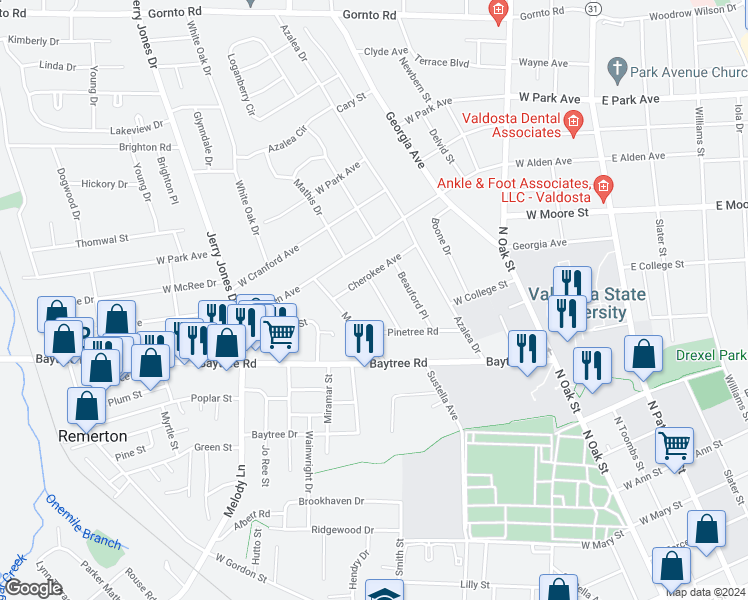 map of restaurants, bars, coffee shops, grocery stores, and more near 1612 Garland Place in Valdosta