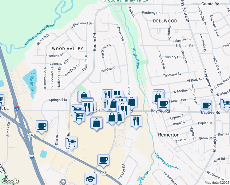 map of restaurants, bars, coffee shops, grocery stores, and more near 2092 South Sherwood Drive in Valdosta