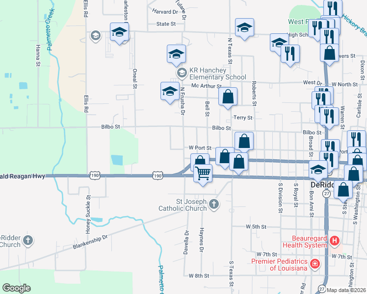 map of restaurants, bars, coffee shops, grocery stores, and more near 303 North Frusha Drive in DeRidder