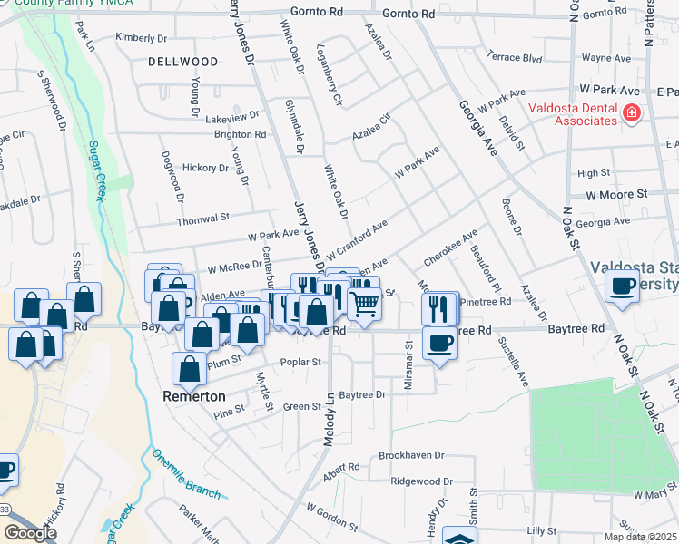 map of restaurants, bars, coffee shops, grocery stores, and more near 1016 West Alden Avenue in Valdosta