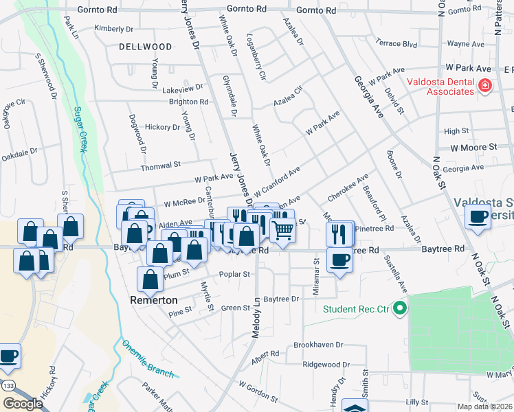 map of restaurants, bars, coffee shops, grocery stores, and more near 2001 Jerry Jones Drive in Valdosta