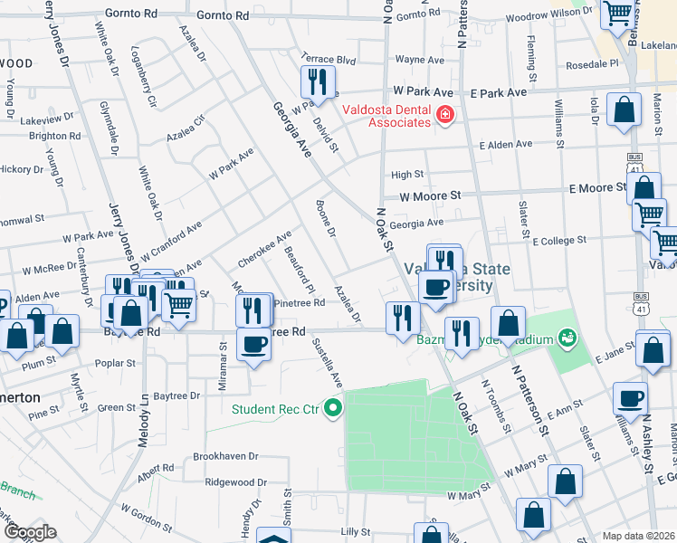 map of restaurants, bars, coffee shops, grocery stores, and more near 408 West College Street in Valdosta