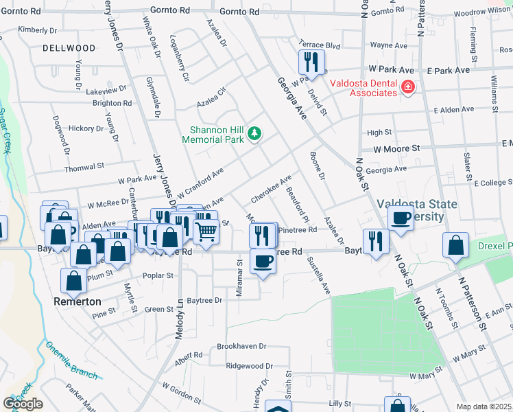 map of restaurants, bars, coffee shops, grocery stores, and more near 809 Cherokee Avenue in Valdosta