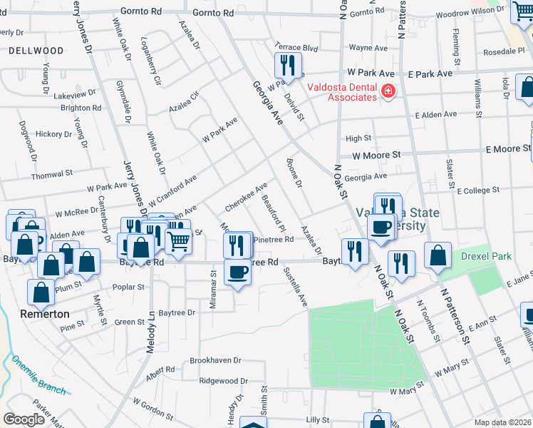 map of restaurants, bars, coffee shops, grocery stores, and more near 1611 Beauford Place in Valdosta