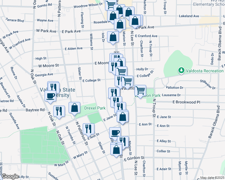 map of restaurants, bars, coffee shops, grocery stores, and more near 1504 North Ashley Street in Valdosta