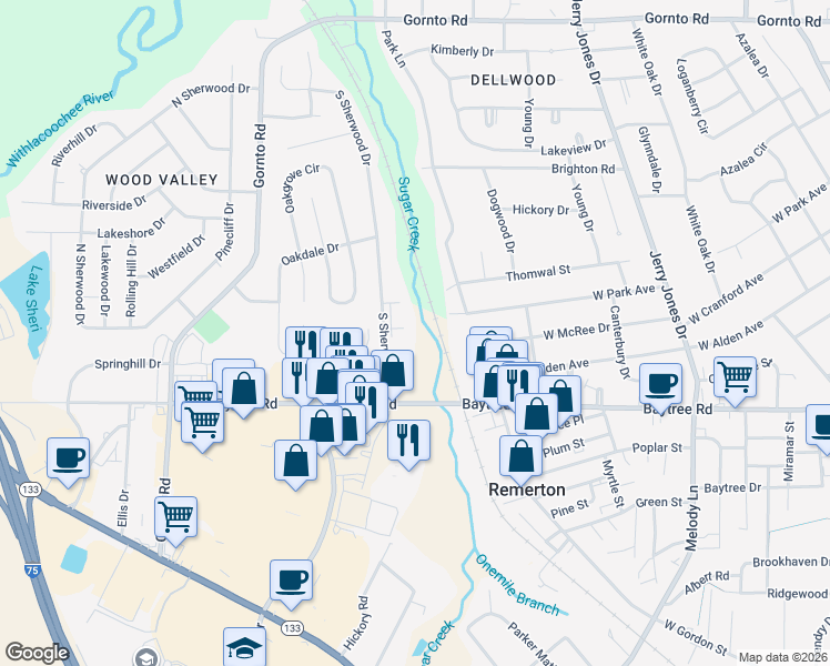 map of restaurants, bars, coffee shops, grocery stores, and more near 9 Wooddale Drive in Valdosta