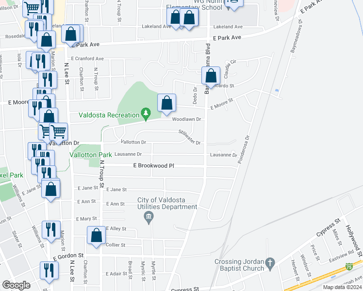 map of restaurants, bars, coffee shops, grocery stores, and more near 821 Vallotton Drive in Valdosta