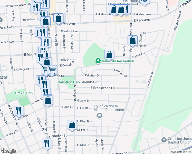 map of restaurants, bars, coffee shops, grocery stores, and more near 727 Vallotton Drive in Valdosta