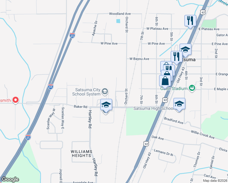 map of restaurants, bars, coffee shops, grocery stores, and more near 5475 Timberland Drive in Satsuma