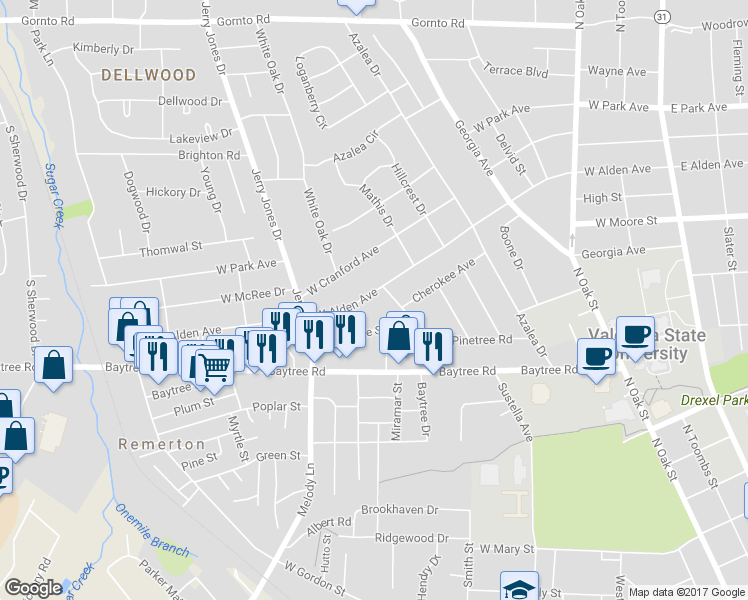 map of restaurants, bars, coffee shops, grocery stores, and more near 1008 Cherokee Street in Valdosta