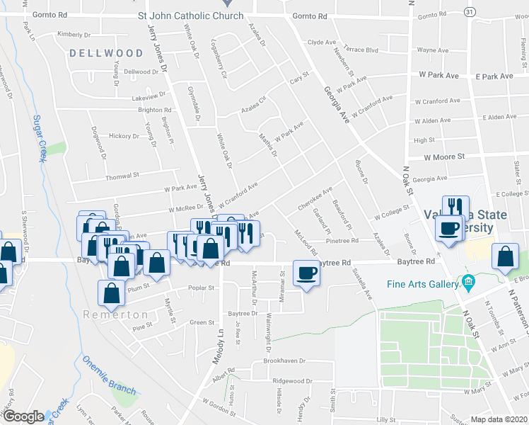 map of restaurants, bars, coffee shops, grocery stores, and more near 1001 West Alden Avenue in Valdosta