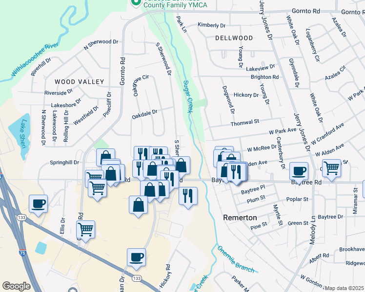 map of restaurants, bars, coffee shops, grocery stores, and more near 23 Rolling Hill Court in Valdosta