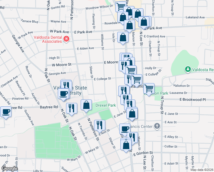 map of restaurants, bars, coffee shops, grocery stores, and more near 1508 Iola Drive in Valdosta