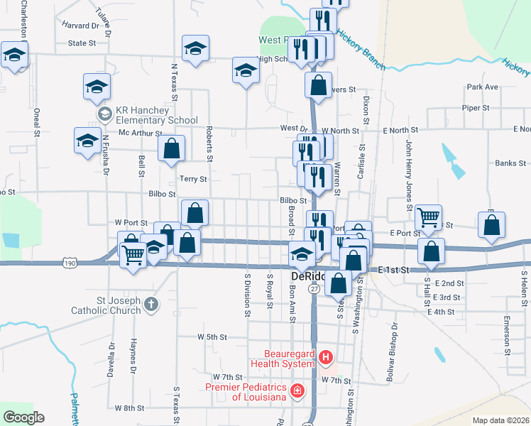 map of restaurants, bars, coffee shops, grocery stores, and more near 309 North Royal Street in DeRidder
