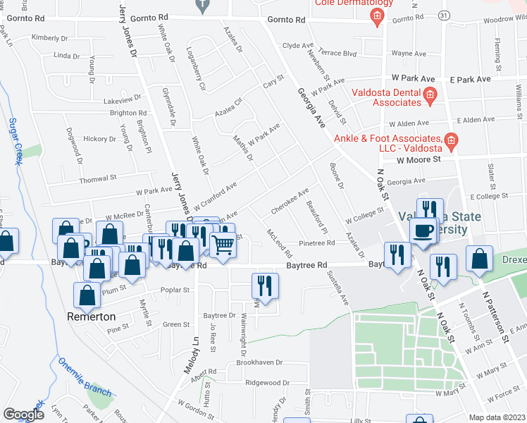 map of restaurants, bars, coffee shops, grocery stores, and more near 810 Cherokee Avenue in Valdosta