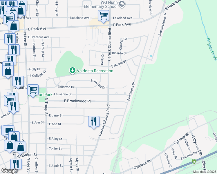 map of restaurants, bars, coffee shops, grocery stores, and more near 826 Lausanne Drive in Valdosta