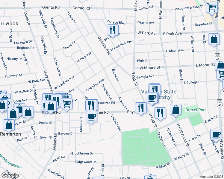 map of restaurants, bars, coffee shops, grocery stores, and more near 1611 Beauford Place in Valdosta