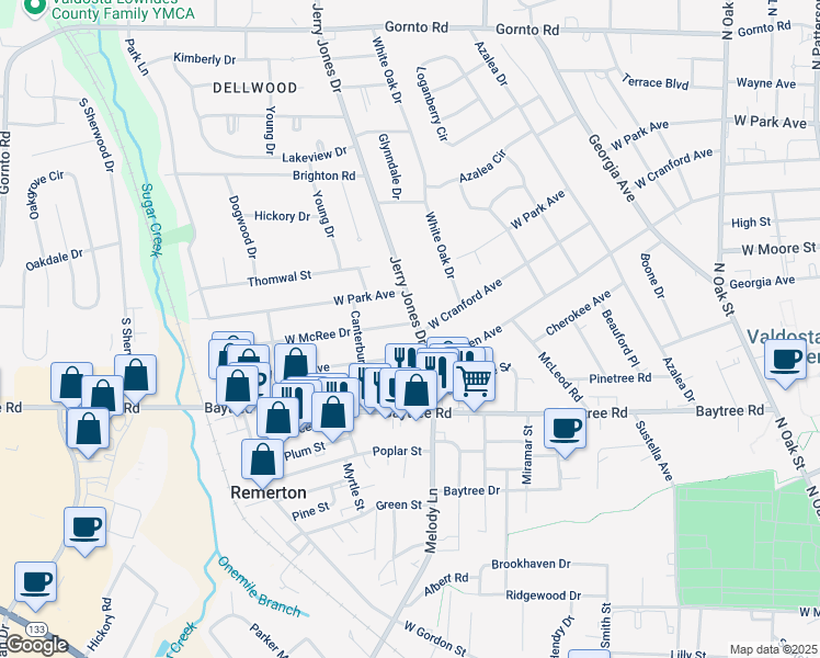 map of restaurants, bars, coffee shops, grocery stores, and more near 2004 Jerry Jones Drive in Valdosta