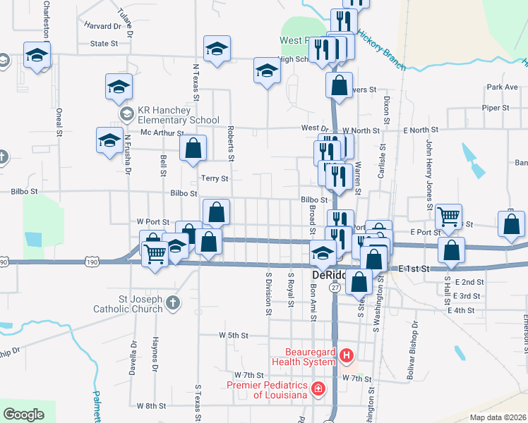 map of restaurants, bars, coffee shops, grocery stores, and more near 301 Wilson Street in DeRidder