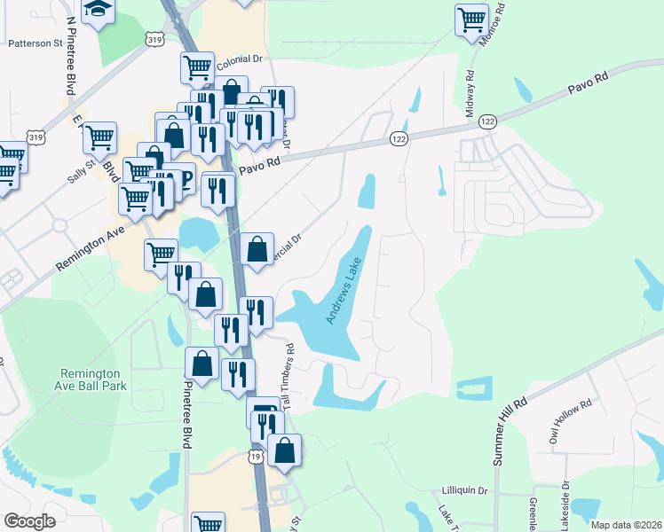 map of restaurants, bars, coffee shops, grocery stores, and more near 306 Timber Ridge Drive in Thomasville